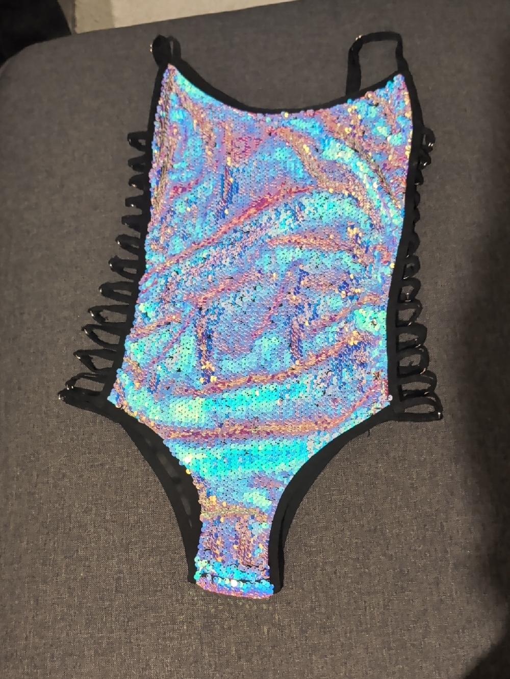 IHeartRaves Iridescent Sequin One-Piece Bodysuit with Black Strappy Sides Size S